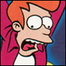 Cartoon character with orange hair, wide eyes, and open mouth showing teeth and tongue, wearing a red jacket over a white shirt against a blue and pink background.
