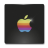 Pixelated Apple logo with rainbow stripes on dark background, featuring yellow, orange, red, purple, and blue bands with a green leaf.