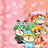 Pixelated anime-style group of four characters with distinct hair colors and outfits against a pink floral background, one character's head slightly shifted.
