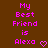 Brown background with pink pixelated text reading 'My Best Friend is Alexa' and a small heart symbol.