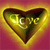 A heart-shaped icon with a metallic gold and green gradient surface displaying the word 'love' in white cursive text against a pink-to-yellow gradient background.