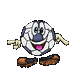 Pixelated soccer ball character with blue nose, pink mouth, and brown shoes in six distinct poses showing varied arm and leg positions.