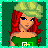 Pixel art of a red-haired woman with green headwrap and off-shoulder top, standing against dark green background.