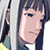 Pixelated anime-style character face with dark blue hair and light skin, partially cropped on the right side against a gray background.