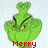 Green cartoon character with heart-shaped head, angry expression, and red text reading 'Merry' on left side.