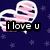 Pixelated heart-shaped speech bubble with pink and white stripes on dark blue background with purple stars, displaying "i love u" text.
