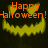 Pixelated orange text 'Happy Halloween!' above a yellow jack-o'-lantern face with jagged teeth on dark background.