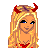 Pixel art contact sheet of a female character with blonde hair and red horns in various poses, wearing a red bikini-style outfit, with red text phrases like "damn you to hell" and "and I'll meet you there" on white background.