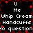 Black background with red decorative border, white text reading "U Me Whip Cream Handcuffs to question" repeated in four quadrants, small red star-like shapes scattered across the image.