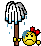 Pixelated yellow smiley face with red bow, holding brown pole under white umbrella with blue water droplets; show tears on cheeks
