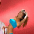 Animated sequence of a woman in a blue bikini top and white bottoms on a red background, performing a series of poses and movements.