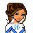 Pixel art cheerleader icon with brown hair, blue-and-white uniform, and 'SD' on chest; includes multiple poses showing legs, skirt, and facial expressions.