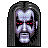 Pixelated character with long dark hair, pale purple face, red eyes, and a black outfit against gray background.
