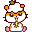 Pixelated hamster-like character with orange cheeks, green leaf on head, yellow scarf, pink feet, and brown outline in three of each