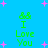 Pixelated green text "I Love You" with two green hearts above on a bright blue background with pink starbursts.