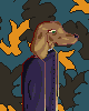 Pixel art of a dog with long ears wearing a purple robe, standing against a blue background with orange and dark brown shapes.