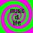 Four identical spiral patterns with alternating green and pink rings, each containing the text 'music is life' in black pixelated font.