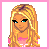 Pixel art contact sheet showing a character's head, body, legs, and text elements in pink tones with blonde hair.