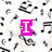 Pixelated image with scattered musical notes on white background, featuring three colored text blocks: pink 'I', purple 'love', and green 'band!' with exclamation mark.