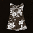 Pixelated grayscale image of a cat with white and dark patches, standing against black background.