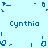 Pixelated blue text 'Cynthia' appears in four corners of a light blue background with scattered abstract pixel shapes.