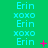 A green background displays repeated cyan text 'Erin' and 'xoxo', with scattered pink plus signs, asterisks, and dots animating across the