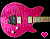 Pixelated pink electric guitar with black background and small pink heart icon.