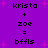 Purple background with pink starbursts and black pixelated text showing 'krista + zoe = bffls' repeated twice in a