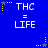 Blue background with repeated 'THC = LIFE' text and yellow/grey star icons in pixelated style.