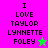 Pixelated text "I LOVE TAYLOR LYNNETTE FOLEY" on split background with green star on pink section and pink star on green section.