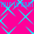 Pixelated cyan text repeats across a bright pink background with overlapping diamond shapes, forming an animated pattern.