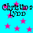 Pixelated text "Christina Lydd" appears four times on a cyan background with pink stars, each instance slightly offset from the others.