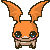 Pixel art contact sheet showing two frames of an animated orange rabbit-like character with blue eyes and pink cheeks in a static pose against gray background.