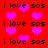 Red background with repeated black text 'i love sos' and pink pixelated hearts in a pattern
