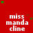 Red background with repeated white text 'miss manda cline' and scattered green and brown stars.