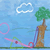 Pixelated scene with blue sky, white cloud, green tree, and pink-purple swirls on green ground.