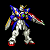 Four pixelated Gundam robot poses on black background, each with blue white red armor and yellow accents.