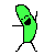 Animated green pickle-shaped character with stick limbs performing a sequence of poses against white and green backgrounds, accompanied by text fragments.