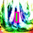 Animated icon with six distinct text elements over a green and blue abstract background, each text element changing sequentially.