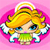 Pixelated cartoon angel icon with blonde hair, blue eyes, green dress, white wings, and golden halo on pink background.