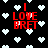 Black background with scattered white pixelated hearts and red text reading "I LOVE BRET" in a blocky font, animated by shifting heart positions.