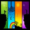 Five vertical panels display distinct scenes: green landscape with figure on cliff, blue water with falling figure, orange sunset with sun and trees, purple night sky with stars, and rainbow at bottom center.