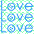 blue 'love' text icons with heart symbols in the 'o', alternating between solid and dotted hearts on a green patterned background