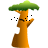 Pixelated mushroom with green cap, orange stem, and brown base, displaying a smiling face with black eyes and mouth, surrounded by scattered black pixels on gray background.