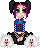 Pixel art character with purple hair and black pigtails, wearing a blue shirt with red symbol, seated between two white dog-like creatures on gray background.