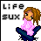 A 3x3 contact sheet of an animated pixel art icon featuring a cartoon girl with brown hair in a ponytail, wearing a pink top and dark blue pants, sitting cross-legged on a white background with "LiFe SuX" text above her.