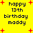 Yellow background with red plus signs and black text reading 'happy 13th birthday maddy' in pixelated font.