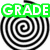 Four spiral patterns with text overlays: green 'GRADE', pink '4'S', cyan 'RULE', and a gray rectangle.