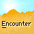 Animated sequence showing a blue figure with white hair against a yellow landscape and light blue sky, with 'Encounter' text below, transitioning through various poses and symbols.
