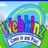Pixelated graphic with colorful text "webkinz" over a blue circular background, yellow arc above, green landscape below.